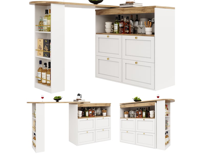  Table de bar 105 x 39 x 102 cm avec 4 tiroirs, rangements ouverts et plateau pivotant à 360°, blanc  - Conforama A