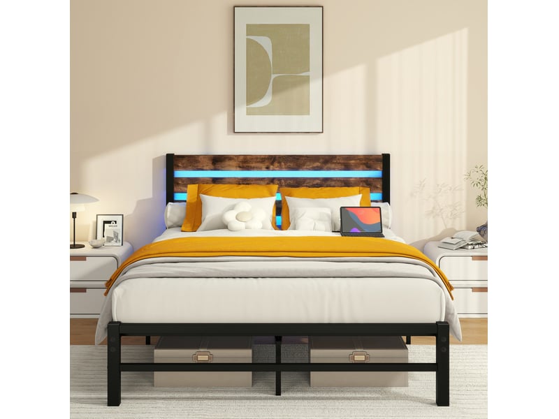  Lit jeune 120x200 cm, avec éclairage led, rangement sous le lit, cadre métal avec tête de lit en bois, mdf brun sans matelas  - Conforama B