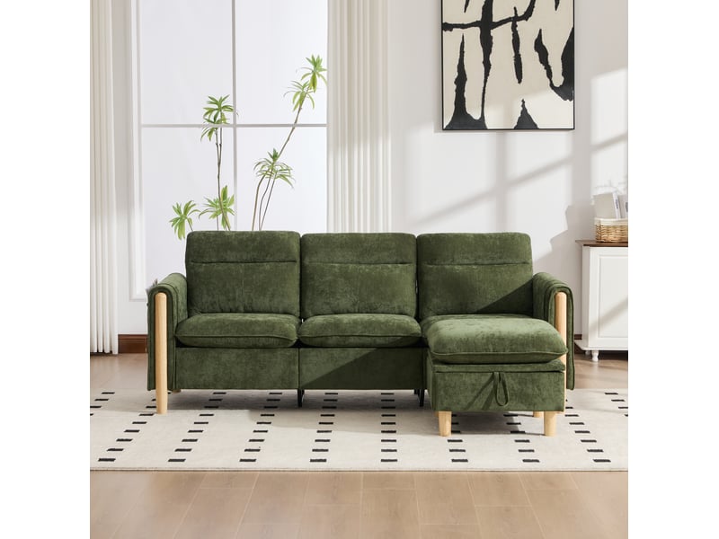  Canapé droit 3 pl 201x77x86 cm poches latérales et pieds en bois, coffre intégré, tissu chenille vert, pour le salon  - Conforama E