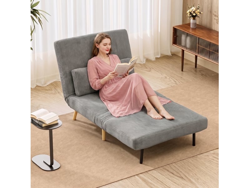  Fauteuil-lit convertible 3-en-1 en velours côtelé gris foncé, dossier réglable 6 positions, couchage 90 x 190 cm  - Conforama D