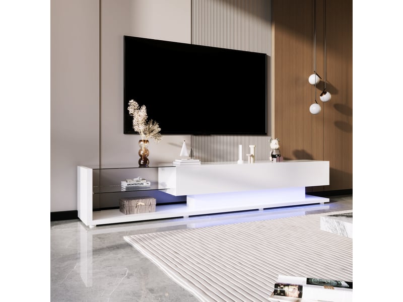 Meuble tv, blanc laqué brillant, 2 tiroirs, led d'ambiance, miroir intégré, design moderne et élégant pour salon - Conforama D