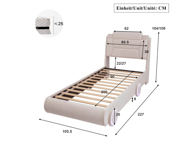  Lit enfant rembourré voiture 90x200 cm flanelle beige avec tête de lit  - Conforama C