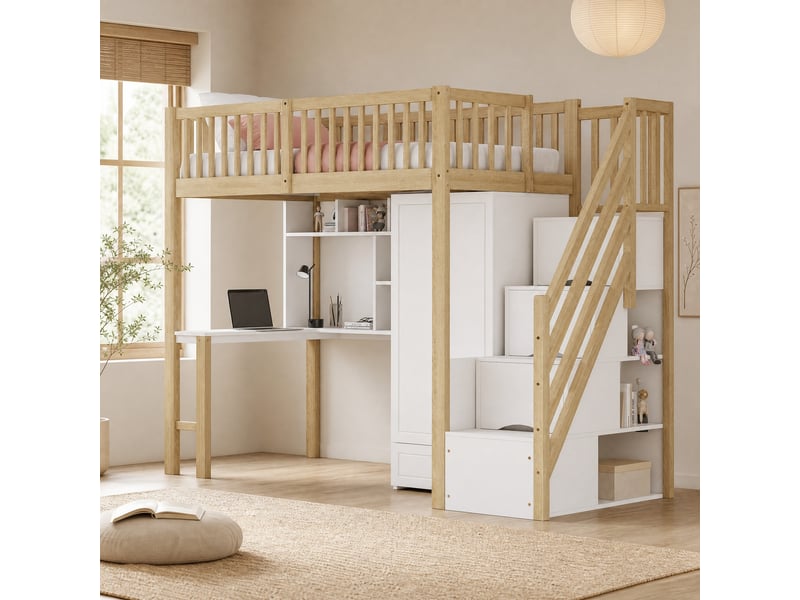  Lit mezzanine tcqpz 90 x 200 cm avec armoire, bureau, étagère et escalier de rangement blanc et bois naturel  - Conforama E