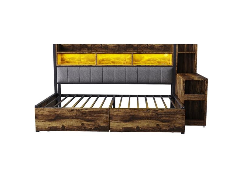  Lit banquette avec bureau extensible et rangements, métal et bois naturel, 90x200 cm, led, tiroirs et prises intégrées  - Conforama A