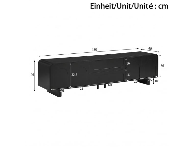  Meuble tv noir en mdf et panneaux de particules avec 4 portes et 2 tiroirs - 180 x 40 x 46 cm  - Conforama E