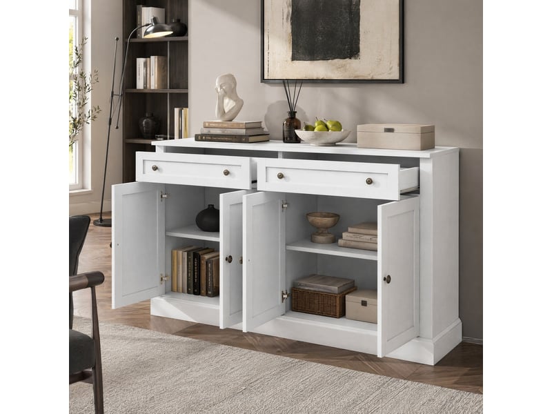  Buffet bas 4 portes et 2 tiroirs blanc antique, 150 x 40 x 86 cm  - Conforama B