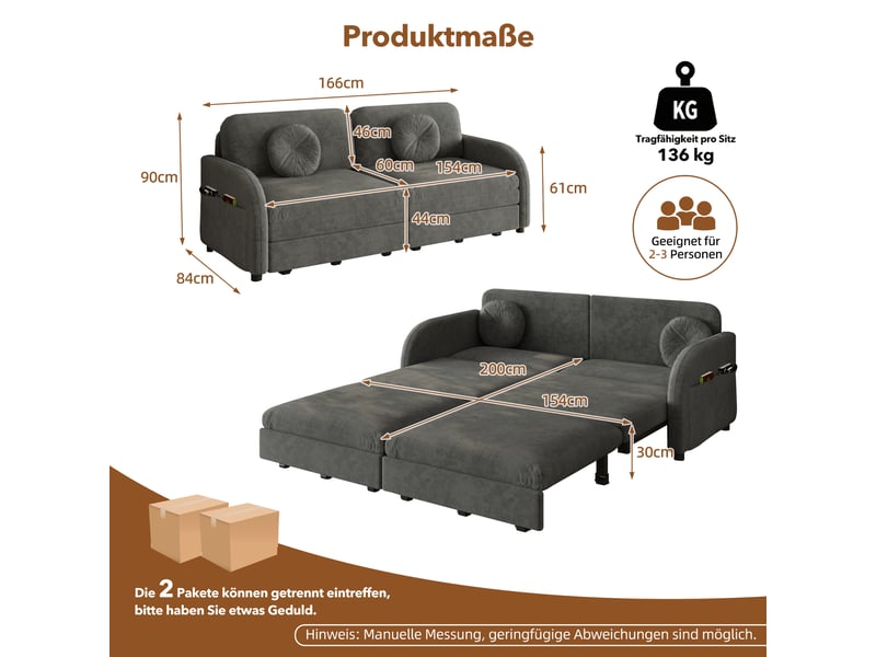  Canapé convertible 2 places 3-en-1, canapé-lit queen size avec poches latérales, coussins mobiles, tissu chenille gris, 166 x 84 x 90 cm  - Conforama D