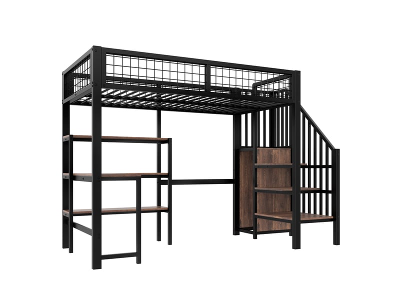  Lit mezzanine noir 90x200 cm en métal avec bureau, étagères et armoire intégrée  - Conforama E
