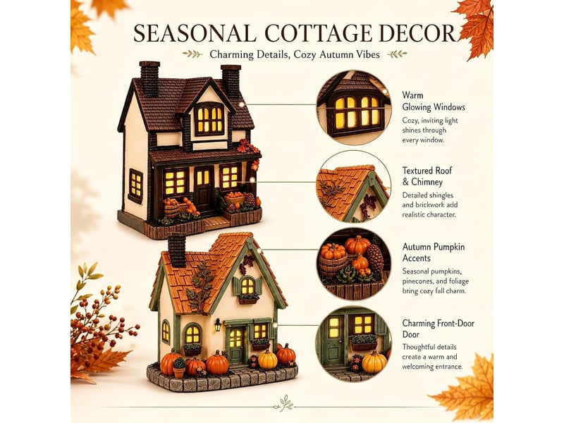  Décoration automne lumineuse 2 pièces, maison de village en résine avec led blanc chaud, décoration de table, noir et blanc  - Conforama C