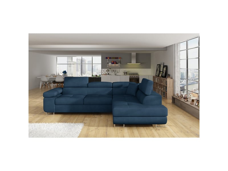  Canapé d'angle convertible menton bleu foncé bouclette – angle droit avec coffre  - Conforama E