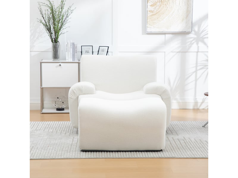 Fauteuil une place avec pouf en chenille ivoire, mousse haute résilience 30d, fauteuil compact pour petit espace, sans montage - Conforama R