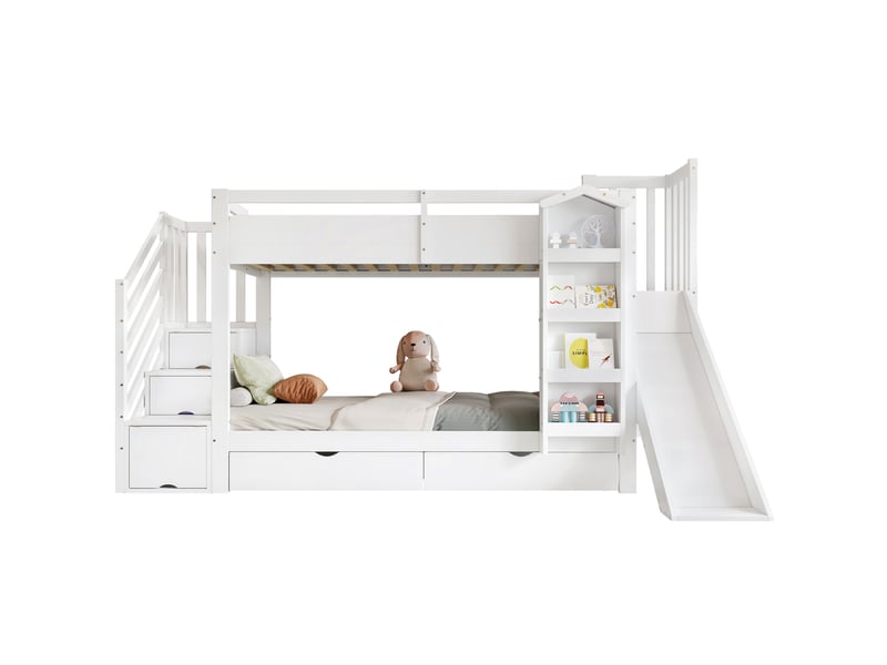  Lit superposé pour enfant avec étagère à livres illustrés, deux tiroirs à roulettes et toboggan, armoire de rangement sous l'escalier, pin, mdf et contreplaqué, blanc, 90 x 200 cm  - Conforama A