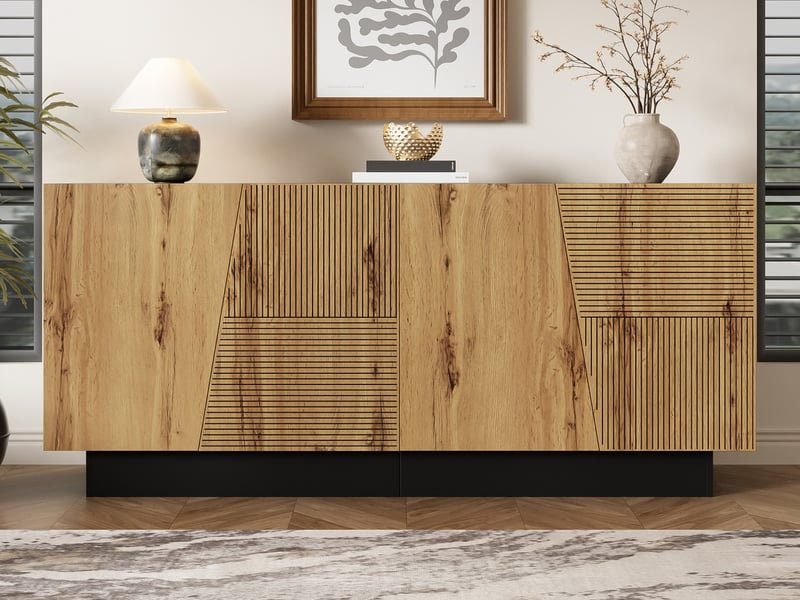  Buffet moderne de 160 cm, meuble de rangement avec grand espace de rangement, un design géométrique et une étagère réglable, marron  - Conforama B
