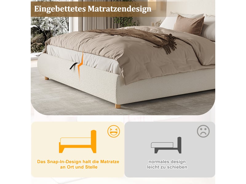 Lit double - 180x200 - coffre hydraulique silencieux - tête rembourrée bouclé blanc - pieds bois massif  - Conforama C