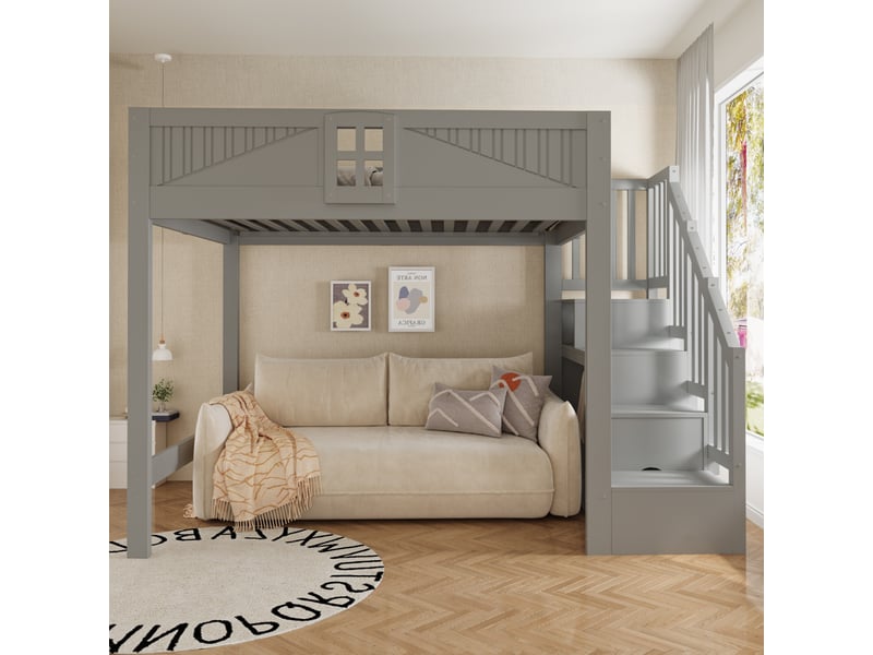  Lit mezzanine 140x200 cm en bois massif - rangement avec échelle réversible - garde-corps avec fenêtre - gris  - Conforama E