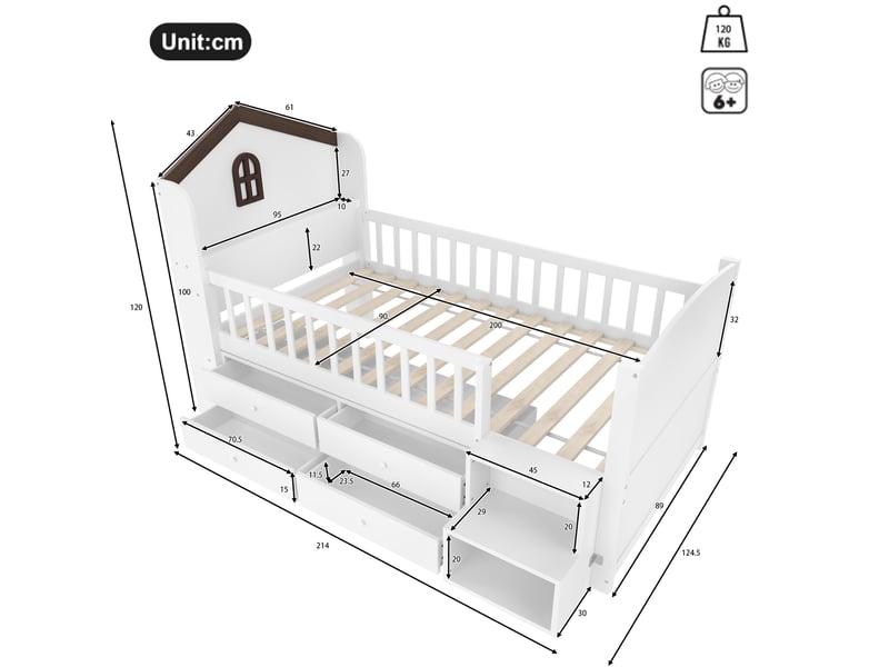  Lit semi-hauteur enfant 90 x 200 cm maison avec fenêtre, 4 tiroirs, échelle de rangement et led, blanc  - Conforama E