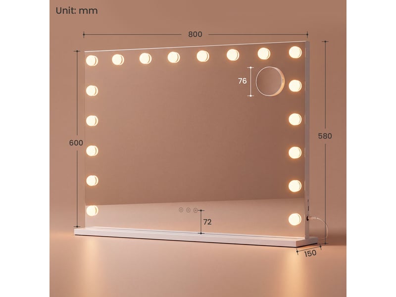  Miroir coiffeuse led 80 x 60 cm - avec miroir grossissant 10x amovible, mémorisation du réglage et 3 couleurs d’éclairage - rectangulaire, à fixer au mur ou à poser  - Conforama E