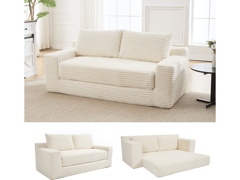  Canapé-lit 2 places 132x85 cm 2-en-1 velours côtelé blanc sans matelas  - Conforama B