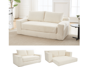Canapé-lit 2 places 132x85 cm 2-en-1 velours côtelé blanc sans matelas
