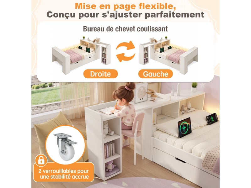  Lit enfant 140 x 200 cm avec lit gigogne 90 x 190 cm, bureau coulissant, led, prises et tête de lit réversible, en bois blanc  - Conforama D