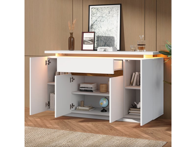  Buffet blanc avec éclairage led, 4 portes et 1 tiroir, étagères réglables, pour salon ou cuisine, 140 x 40 x 80 cm  - Conforama E
