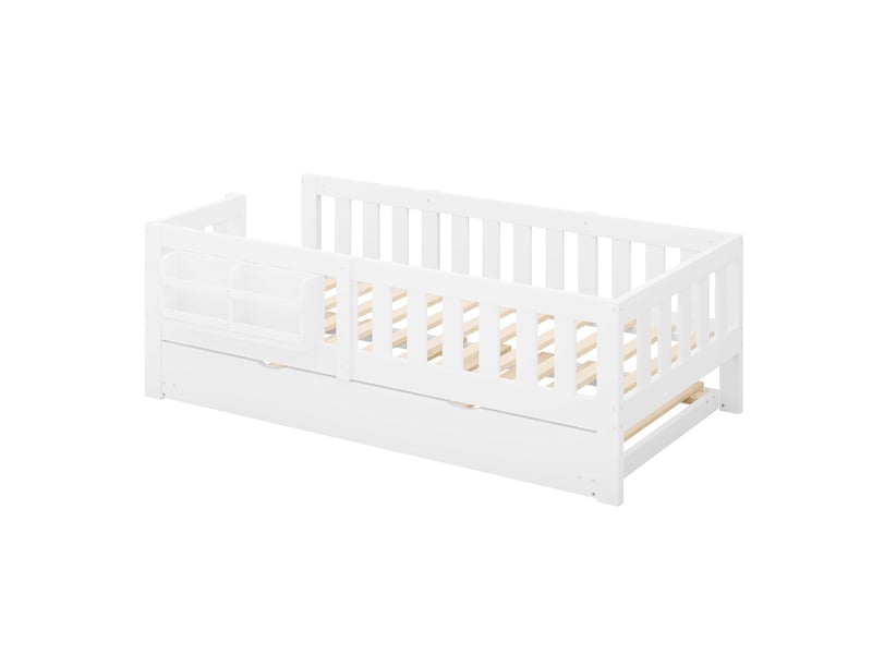  Lit gigogne enfant 90x200 cm blanc, bois, couchage d’appoint coulissant, avec sommier à lattes IKSETERA TRADING LTD - Conforama E