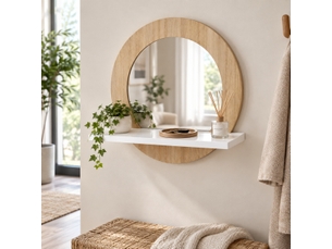Miroir mural rond effet bois naturel avec étagère blanche intégrée pour décoration entrée, salle de bain ou chambre - longueur 30 x profondeur 12 x hauteur 29 cm