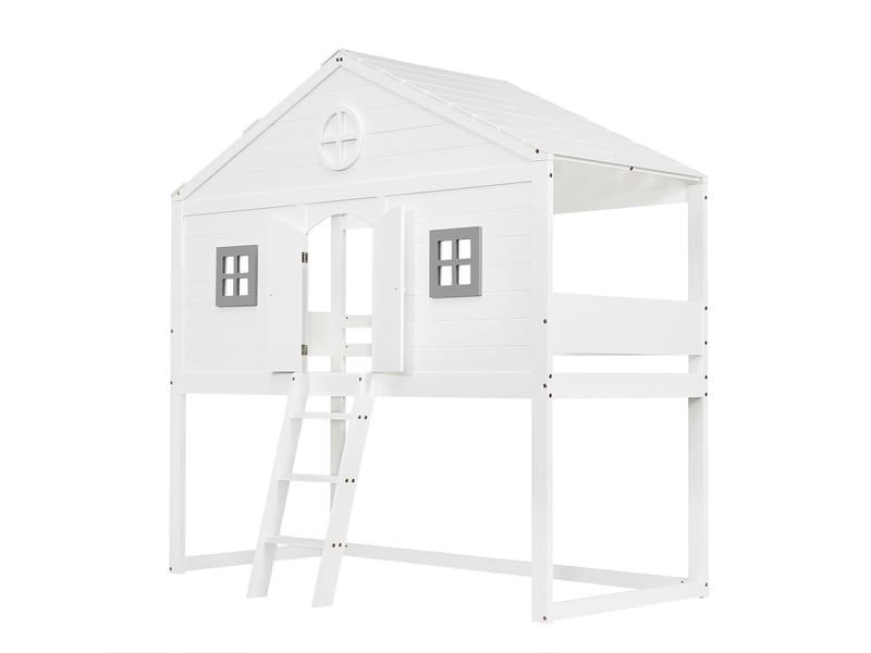  Lit mezzanine enfant 90x200 cm – blanc et gris – forme maison, escalier et barrières - sans matelas  - Conforama D