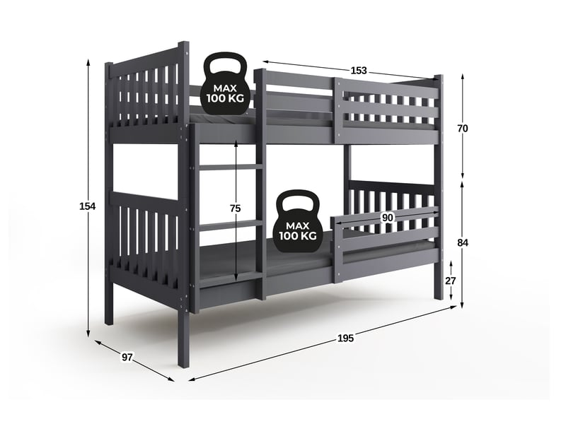  Lit superposé séparable 90x190 cm kacper interbeds - bois massif de pin avec barrière, sommier - gris  - Conforama C