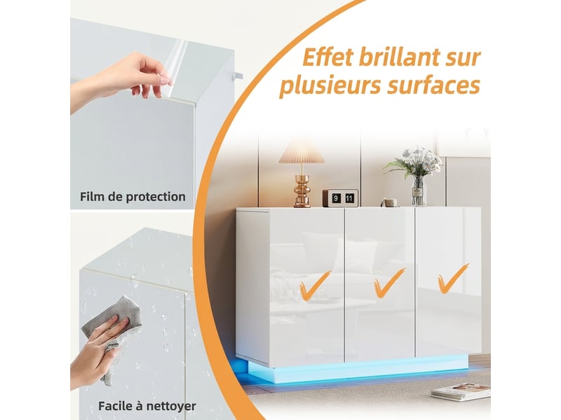  Buffet blanc laqué 120 cm meuble de rangement avec led 3 portes  - Conforama W