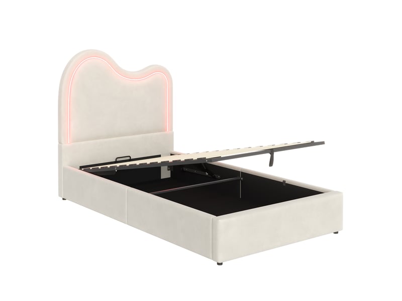 Lit enfant 90x200 cm, lit coffre hydraulique, sommier à lattes, tête de lit rembourrée, velours, beige - Conforama A