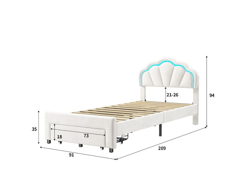  Lit enfant 90x200 cm design coquillage avec led rgb et tiroir de rangement - structure en velours blanc - sommier à lattes inclus  - Conforama E
