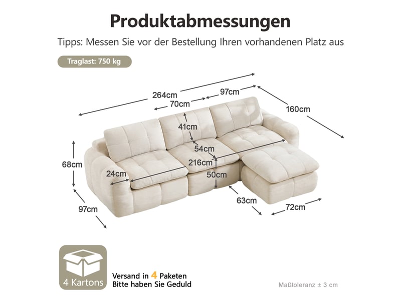 Canapé d’angle modulable 3 places en chenille beige – 264 x 160 x 68 cm Fay Lum - Conforama C