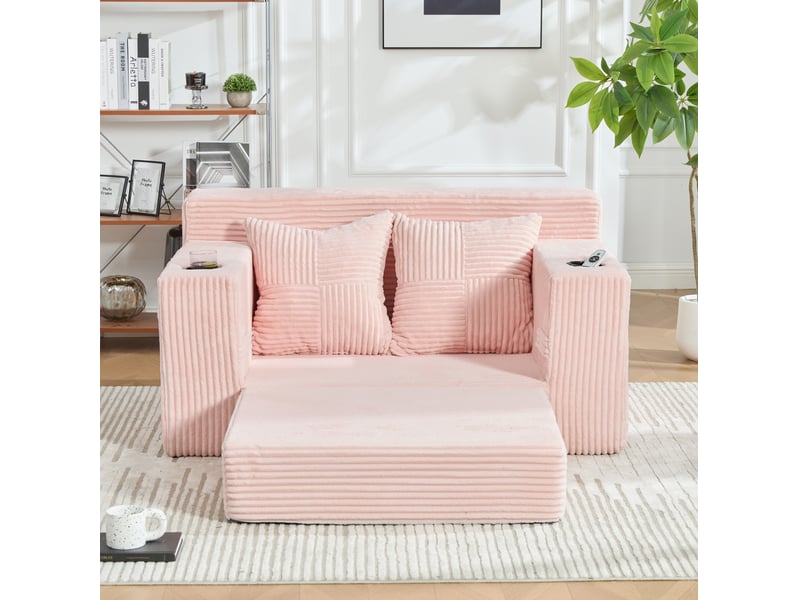  Canapé-lit 2 places 151 x 133 x 64 cm – rose – velours côtelé, porte-gobelet et poches latérales intégrées  - Conforama B