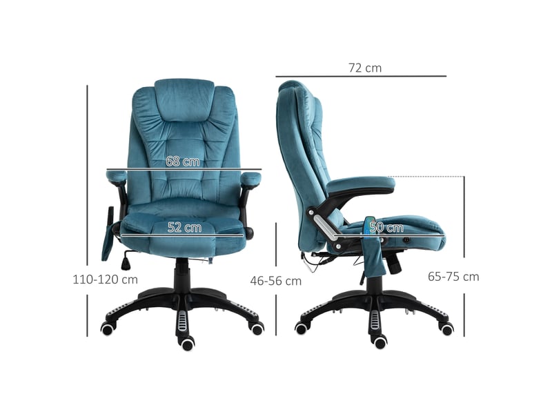  Fauteuil de bureau massant et chauffant, chaise de bureau, chaise ergonomique avec hauteur réglable, pivotant à 360° tissu en polyester bleu, dossier inclinable et télécommande filaire  - Conforama C