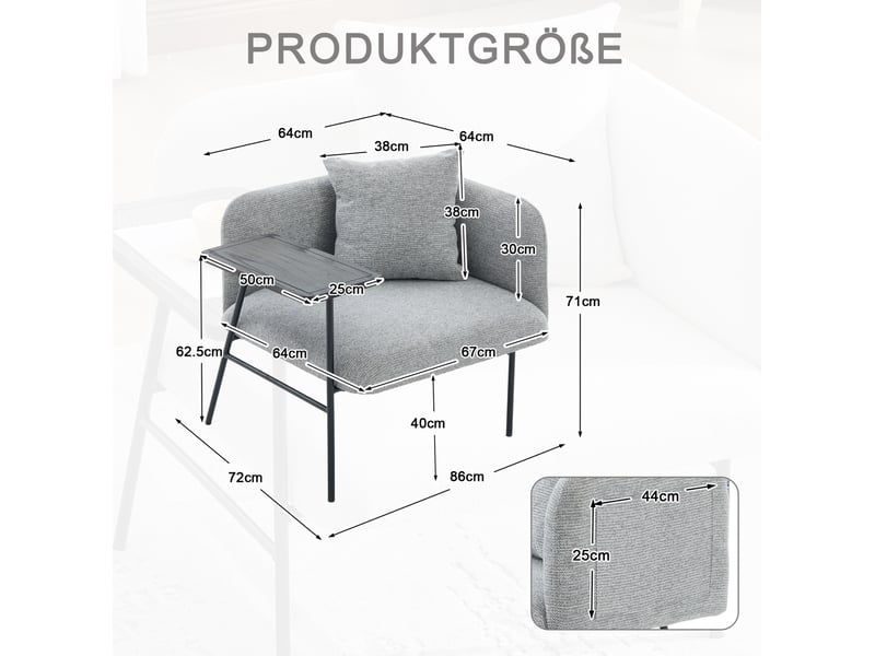  Fauteuil de détente gris en chenille avec table d’appoint et deux poches de rangement  - Conforama E