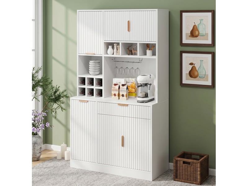  Buffet haut modenvie 100 x 40 x 175 cm avec rangements multiples, prise intégrée, usb-a et usb-c, casier à verres, range-bouteilles, blanc  - Conforama D