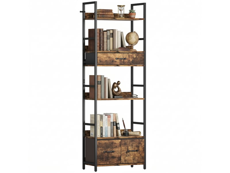  Bibliothèque étagère de rangement à 6 niveaux avec 4 étagères, 3 tiroirs en tissu, 60x30x176cm, brun rustique  - Conforama A
