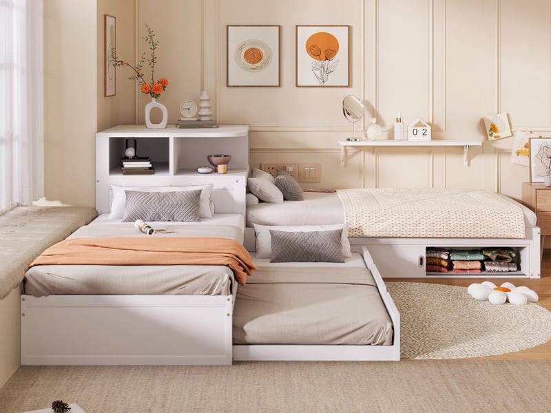  Lit plateforme en l 90 x 200 avec lit gigogne et espace de rangement à porte coulissante, veilleuse incluse, blanc  - Conforama B