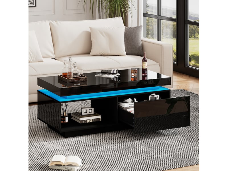  Table basse avec 1 tiroir et led, finition brillante, pour salon, 100 × 50 × 40,3 cm  - Conforama C