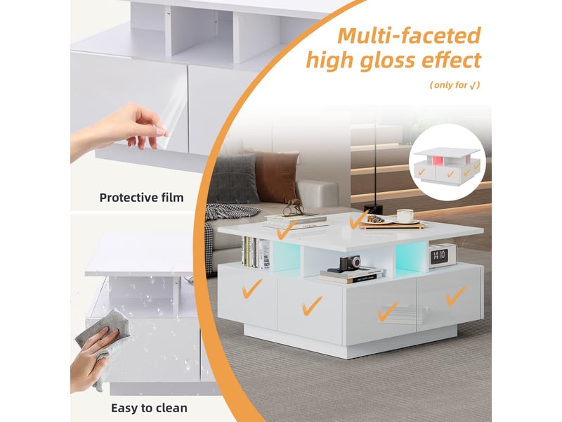  Table basse carrée 70x70 cm blanche haute brillance avec éclairage led et 4 tiroirs  - Conforama E