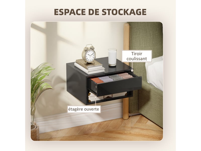  Lot de 2 tables de chevet murales, tables de nuit, tiroir, compartiment ouvert, plateau, noir, 37 x 32 x 21 cm  - Conforama R