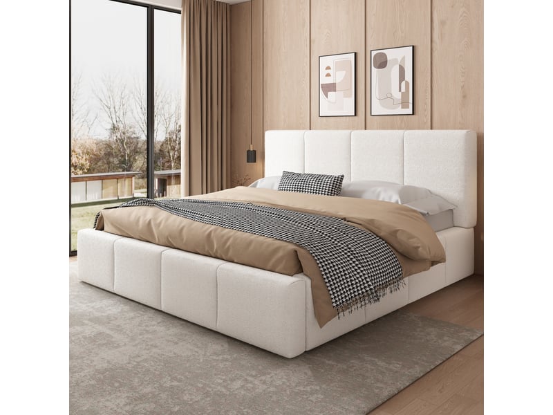  Lit double 180x200 cm - lit adulte avec tête de lit capitonnée et sommier à lattes, espace de rangement inclus, sans matelas, bouclé beige  - Conforama B