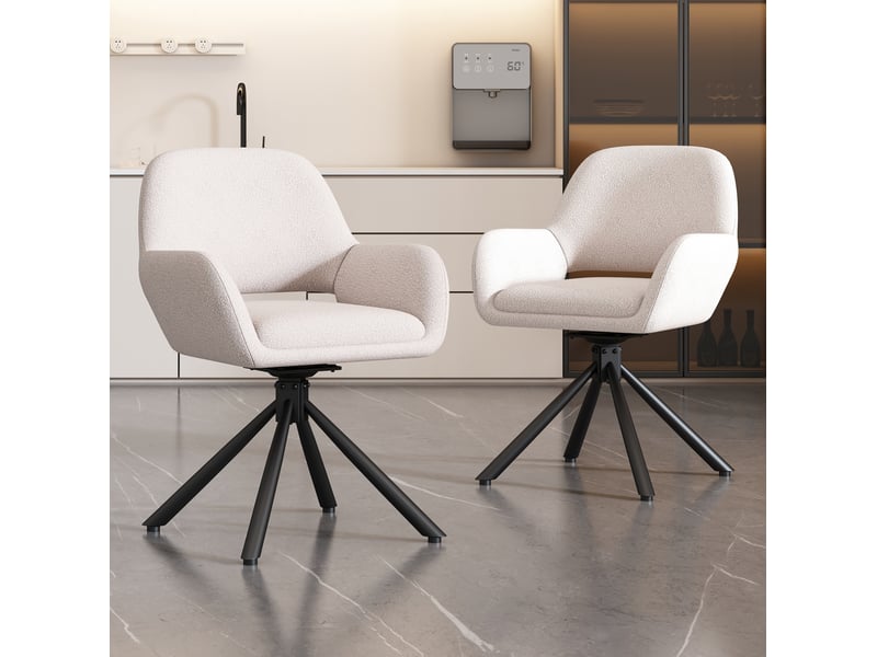  Lot de 6 chaises de salle à manger 60x60x80 cm, pivotantes, accoudoirs, tissu sherpa, bois, métal, blanc  - Conforama D