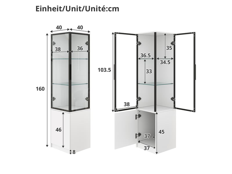 Vitrine d'angle avec led commandée par application, portes vitrées et rangement fermé, blanc, 40 × 40 × 160 cm - Conforama D