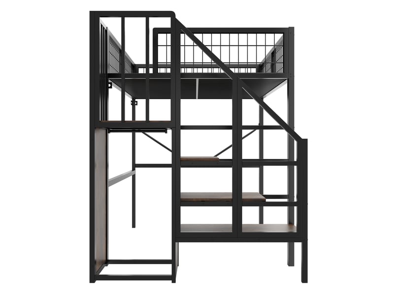 Lit mezzanine 140x200 cm, échelle avec rangement, éclairage led, structure en métal, coloris noir, vendu sans matelas - Conforama E
