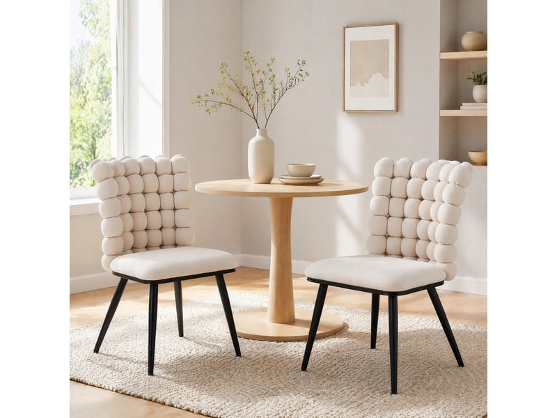  Lot de 2 chaises 54x48x88 cm style contemporain confortable velours blanc cassé, dossier perlé, pieds métal noir  - Conforama B