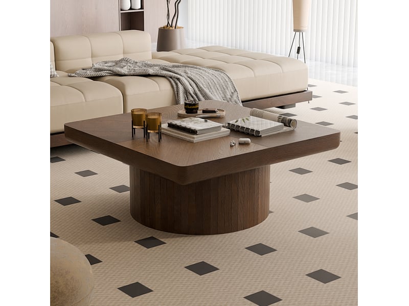 Table basse carrée 78x78x38 cm, plateau placage bois motif parquet base cylindrique bois mdf noyer  - Conforama B