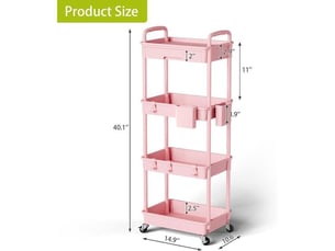 Desserte de cuisine 4 niveaux rose sur roues pivotantes avec tiroir