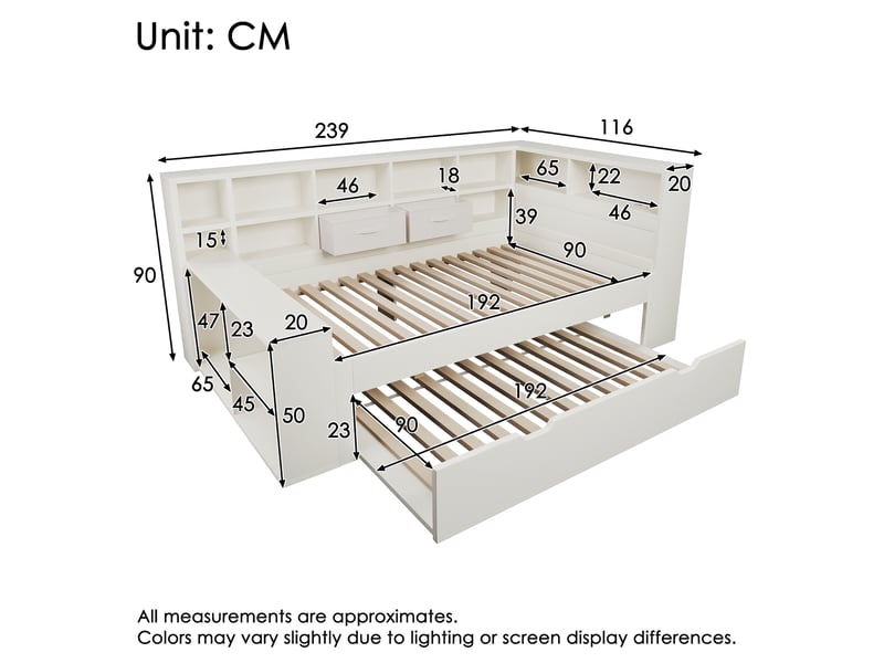 Lit gigogne 90x190 blanc en bois avec lit d'appoint et rangement intégré, ports usbtype-c - Conforama C